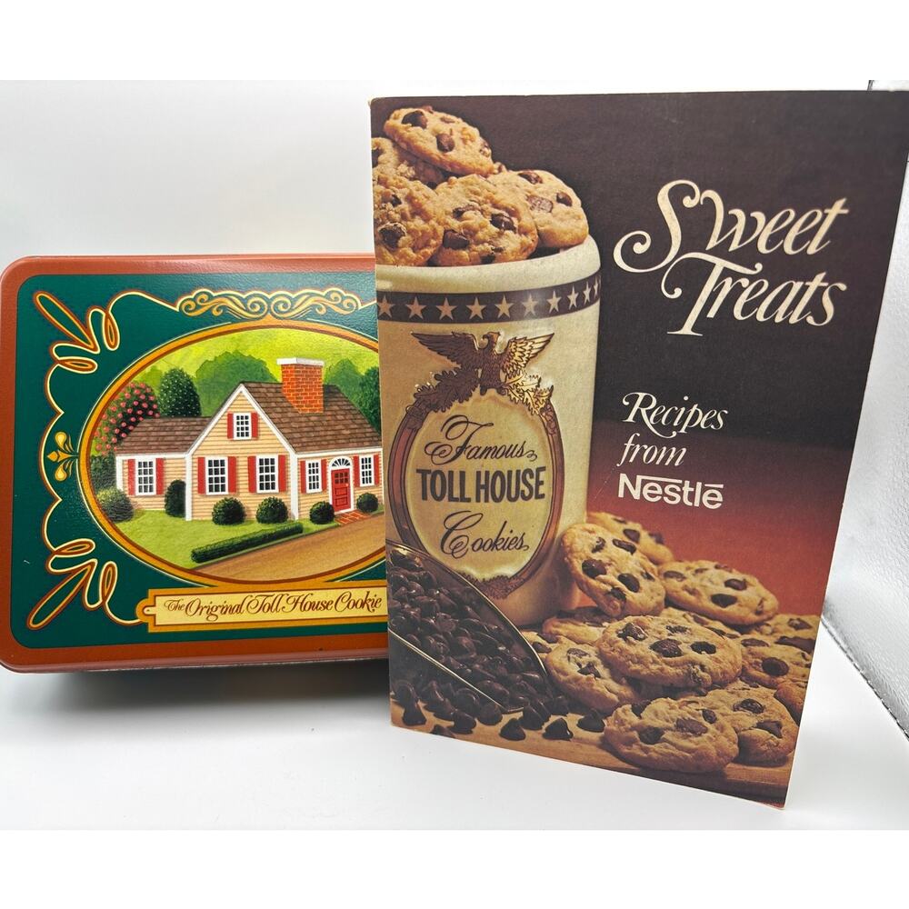 1987 Nestle Original Toll House Cookie Tin With Vintage Recipe Cookbook Pamphlet
